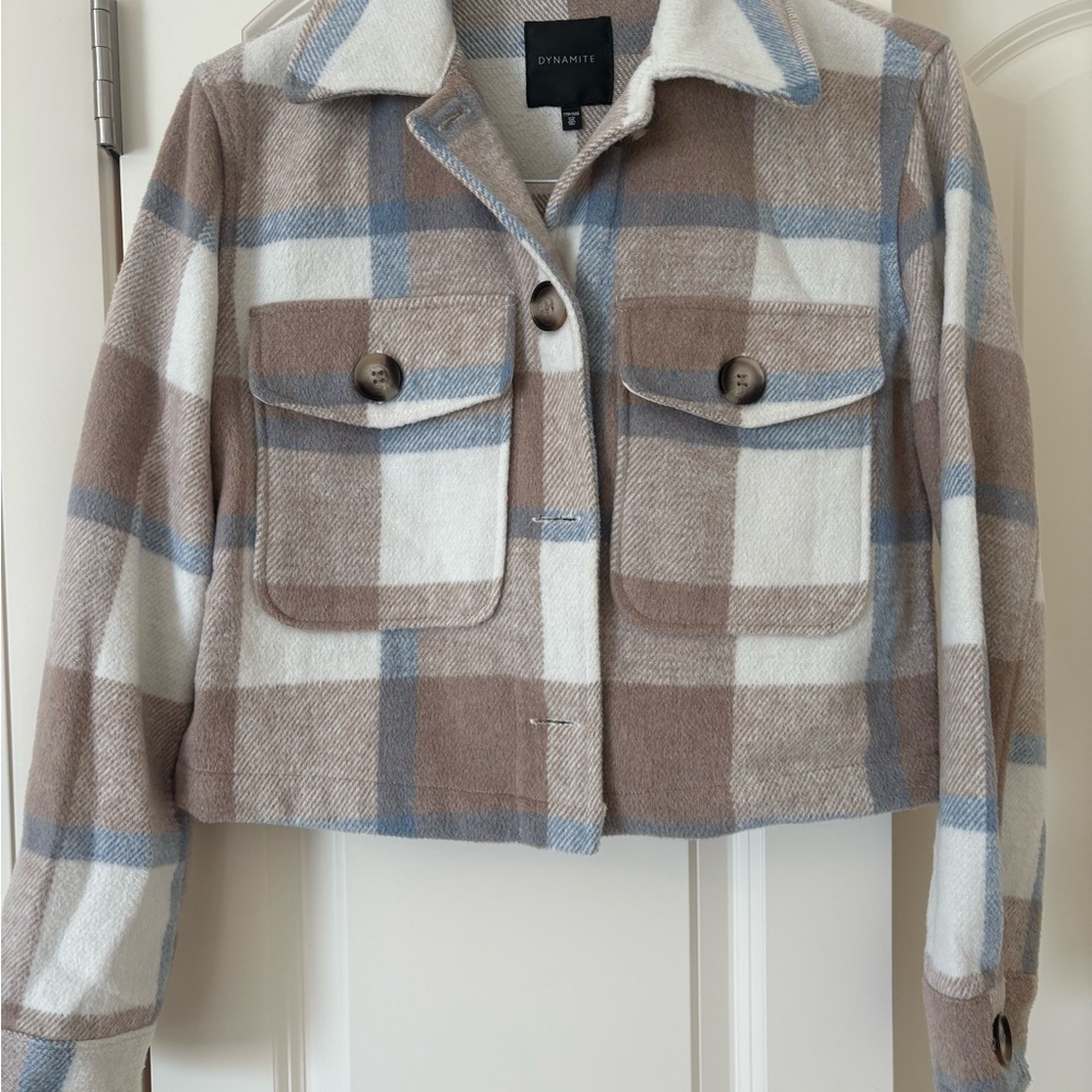 Dynamite Brown and Blue Trench Coat with Plaid Pattern